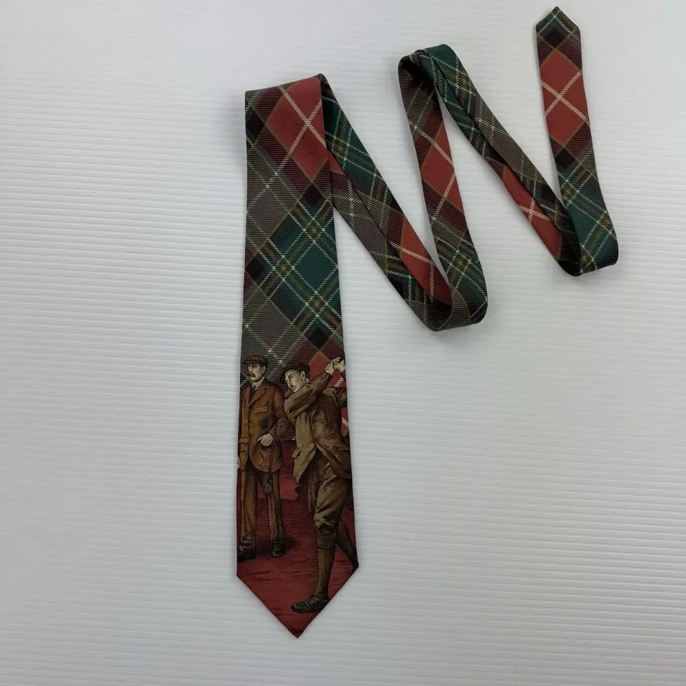 Vintage Polo Ralph Lauren Golf Tie USA Silk Tartan Plaid Golfer Novelty Made USA